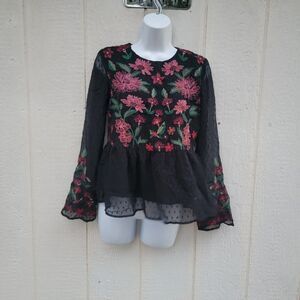 American Eagle Black Floral Embroidered Peplum Top Size XS Boho Witchy